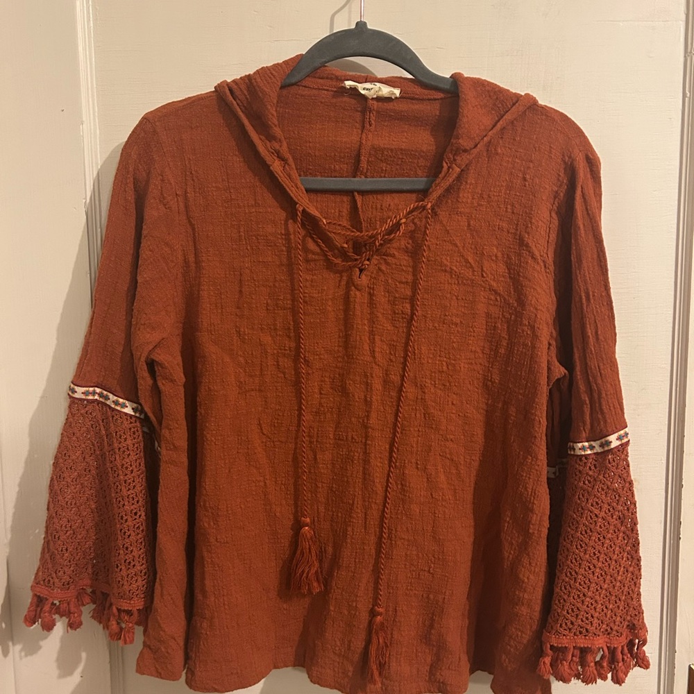 Boho Rust Hooded Top with Crochet Sleeves